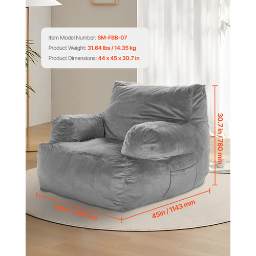 Καρέκλα VEVOR Bean Bag Καρέκλα καναπέ BeanBag με μπράτσα για ενήλικες Λούτρινο γκρι