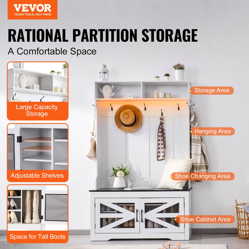 VEVOR Hall Tree Wooden Hall Tree με πάγκο 7 γάντζους για είσοδο και διάδρομο