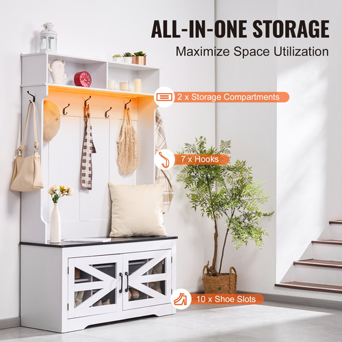 VEVOR Hall Tree Wooden Hall Tree με πάγκο 7 γάντζους για είσοδο και διάδρομο
