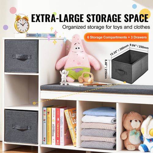 VEVOR Kids Reading Nook Bench 6-Cubby Storage ράφι με μαξιλάρι καθίσματος λευκό