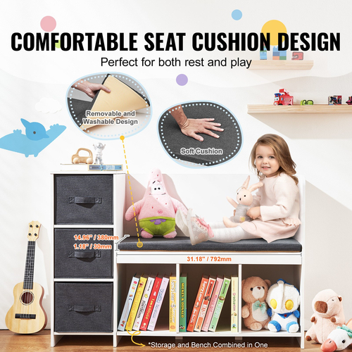 VEVOR Kids Reading Nook Bench 6-Cubby Storage ράφι με μαξιλάρι καθίσματος λευκό