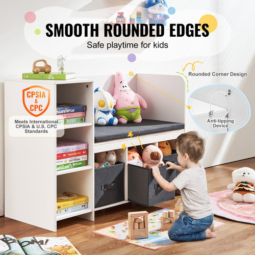 VEVOR Kids Reading Nook Bench 6-Cubby Storage ράφι με μαξιλάρι καθίσματος λευκό