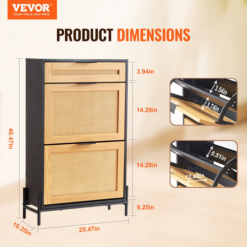 VEVOR Rattan Shoe Cabinet Shoe Organizer 2 συρτάρια αναδιπλούμενα & 1 συρτάρι μαύρο
