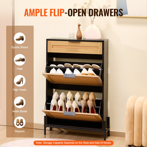 VEVOR Rattan Shoe Cabinet Shoe Organizer 2 συρτάρια αναδιπλούμενα & 1 συρτάρι μαύρο