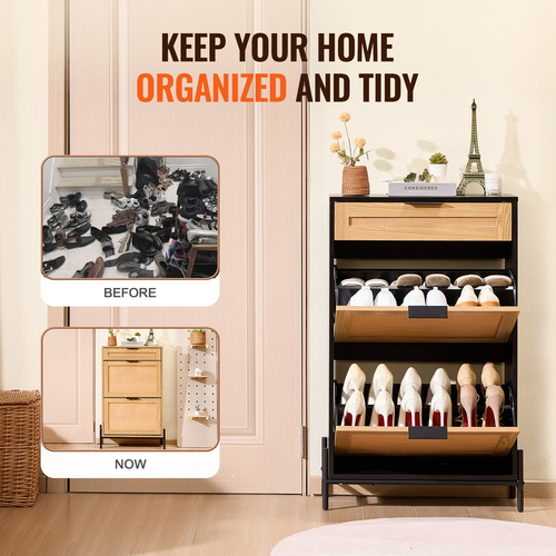 VEVOR Rattan Shoe Cabinet Shoe Organizer 2 συρτάρια αναδιπλούμενα & 1 συρτάρι μαύρο