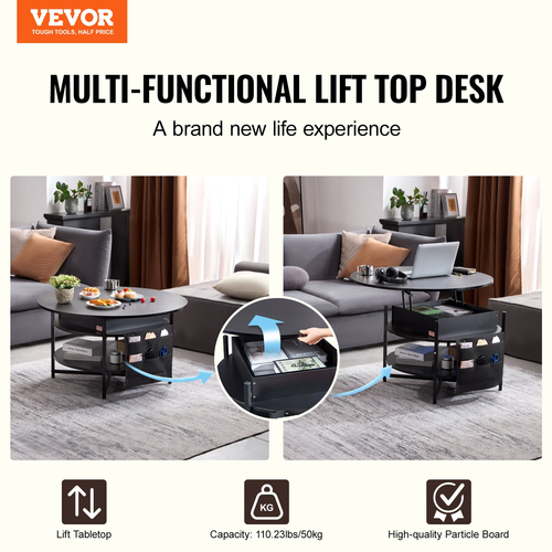 VEVOR Lift Top Τραπεζάκι σαλονιού 35,3" Στρογγυλό Τραπεζάκι Σαλονιού Μαύρο