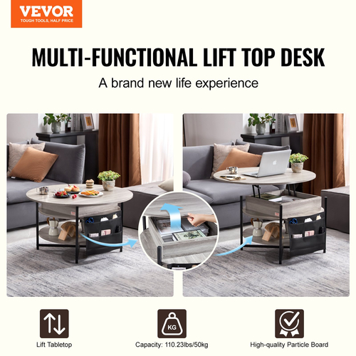VEVOR Lift Top Τραπεζάκι σαλονιού 35,3" Στρογγυλό Τραπέζι Σαλονιού Λευκό