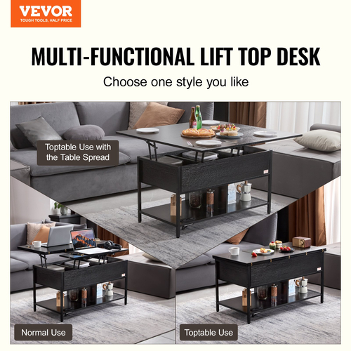 VEVOR Lift Top Τραπεζάκι σαλονιού 39,4" Ορθογώνιο Τραπεζάκι σαλονιού με ανοιχτόχρωμο & μαύρο USB