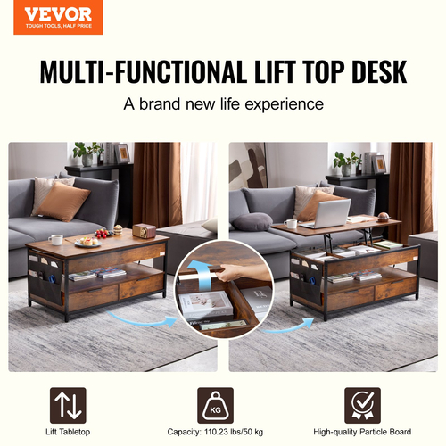 VEVOR Lift Top Τραπεζάκι σαλονιού 39,4" Ορθογώνιο Τραπεζάκι σαλονιού με ανοιχτό και καφέ USB