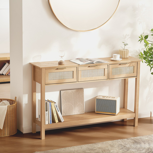 Τραπέζι κονσόλας VEVOR Rattan με 3 συρτάρια αποθήκευσης Rattan συρόμενη πόρτα Natural
