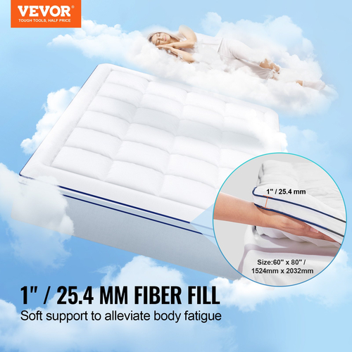 VEVOR Στρώμα Topper Fiber Fill Αποσπώμενο & Πλενόμενο Queen Πάχος 25,4 mm