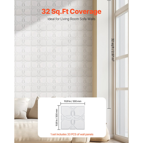 VEVOR 3D πάνελ τοίχου 33-συσκευασία 11,81x11,81&#039;&#039; PVC 32 τετραγωνικών μέτρων με κάλυψη Floral White