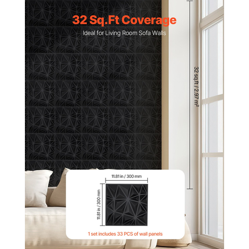 VEVOR 3D πάνελ τοίχου 33-συσκευασία 11,81x11,81&#039;&#039; PVC 32 τετραγωνικών ποδιών με κάλυψη Diamond Black
