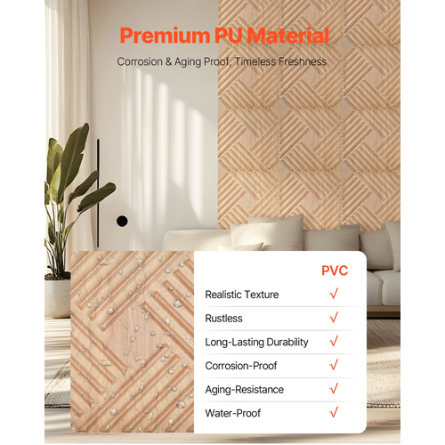 VEVOR 3D Slat Panels Wall 12-Pack 19,7x19,7&#039;&#039; PVC 32 Sq.Ft Κάλυψη ελαφρύ ξύλο