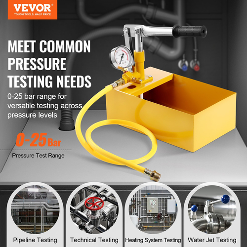 Υδροστατική δοκιμαστική αντλία VEVOR, Max 25 bar/362 PSI, Χειροκίνητο κιτ μέτρησης πίεσης νερού υδραυλικής μονής βαλβίδας με μετρητή Δεξαμενή νερού 5L, σωλήνας 1 m με εξωτερικό σύνδεσμο σπειρώματος 1,27 cm για αγωγό