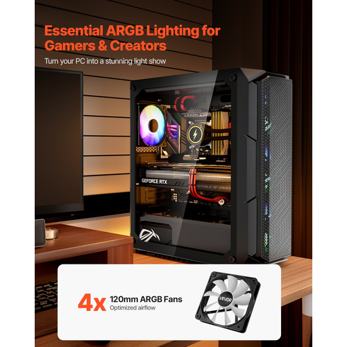 Θήκη VEVOR για gaming PC μεσαίου πύργου ATX, κουτί με 4 ανεμιστήρες ARGB 120 mm