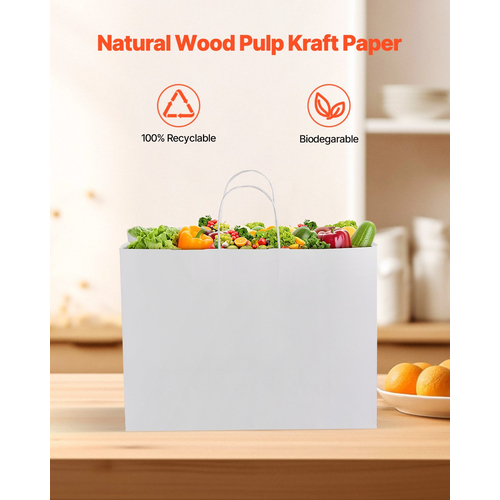 VEVOR Χάρτινες Σακούλες Kraft με Χερούλια 100 Τεμάχια 16x6x12 σε Τσάντα για Ψώνια σε Λευκό Χρώμα