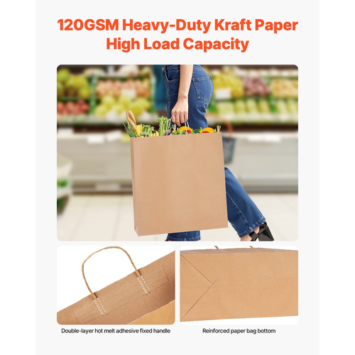 VEVOR Χάρτινες Σακούλες Kraft με Χερούλια 100 Τεμάχια 18x7x19 σε Μαύρη Τσάντα για Ψώνια