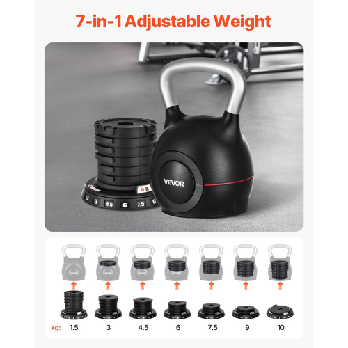 Ρυθμιζόμενο Kettlebell VEVOR με 7 επίπεδα βάρους 1,5/3/4,5/6/7,5/9/10 kg