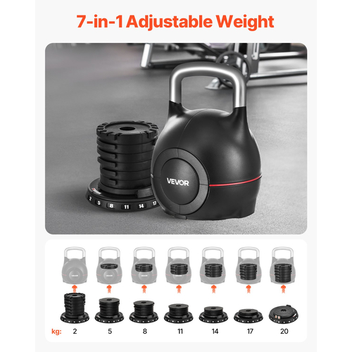 Ρυθμιζόμενο Kettlebell VEVOR με 7 επίπεδα βάρους 2/5/8/11/14/17/20 kg (Μαύρο)