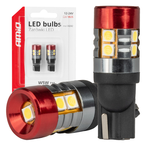 ΛΑΜΠΑΚΙΑ LED T10 W5W 12V/24V LED CAN-BUS 9xSMD 3030 ΛΕΥΚΟ ΦΩΣ 5.500K (ΣΕ ΧΡΩΜΑ ΚΟΚΚΙΝΟ-ΜΑΥΡΟ) AMIO - 2 ΤΕΜ.