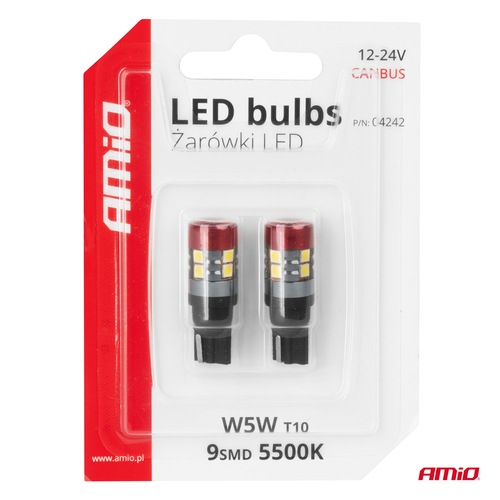 ΛΑΜΠΑΚΙΑ LED T10 W5W 12V/24V LED CAN-BUS 9xSMD 3030 ΛΕΥΚΟ ΦΩΣ 5.500K (ΣΕ ΧΡΩΜΑ ΚΟΚΚΙΝΟ-ΜΑΥΡΟ) AMIO - 2 ΤΕΜ.