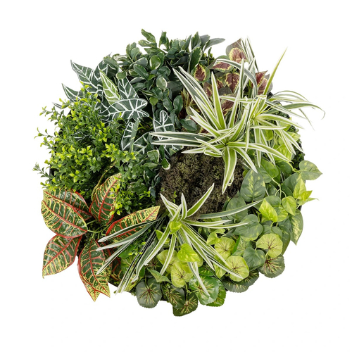 GloboStar® Artificial Garden VARIOUS PLANTS ROUND WALL DISC 20691 Τεχνητό Διακοσμητικό Στρογγυλό Πάνελ Φυλλωσιάς - Κάθετος Κήπος Μιξ Μ60 x Π60 x Υ20cm