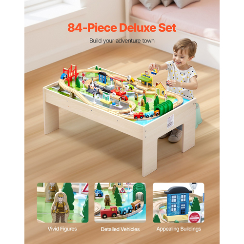 Τραπεζάκι VEVOR Train Table 84 τεμαχίων Ξύλινο παιδικό τραπέζι δραστηριοτήτων με πτυσσόμενο κάδο αποθήκευσης