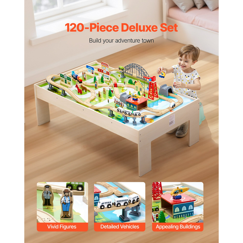 Τραπεζάκι VEVOR Train Table 120 τεμαχίων Ξύλινο παιδικό τραπέζι δραστηριοτήτων με πτυσσόμενο κάδο αποθήκευσης