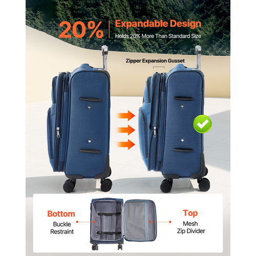 20-Inch Softside Expandable Luggage with Spinner Wheels Carry on Suitcase Blue | VEVOR US