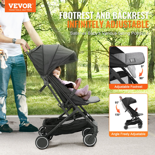 VEVOR Standard Baby Infant Stroller, Toddler Stroller with 95°-150° Adjustable Backrest & & 0/90°Adjustable Footrest & One-click Folding, Newborn Stroller with Cup Holder and Carry Bag, Black  | VEVOR US