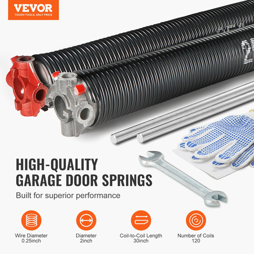 VEVOR Garage Door Torsion Springs, Pair of 0.25 x 2 x 30inch, 16000 Cycles, Garage Door Springs with Non-Slip Winding Bars, Gloves and Mounting Wrench, Electrophoresis Coated for Replacement  | VEVOR CA