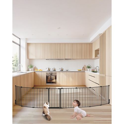 Baby Gate 192 Inch Extra Wide 28 Inch High 8-Panel Foldable Dog Gate Black | VEVOR US