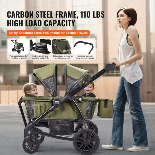 VEVOR All-Terrain Stroller Wagon, 2 Seats Foldable Expedition 2-in-1 Collapsible Wagon Stroller, Includes Canopy, Parent Organizer, Snack Tray & Cup Holders, 55lbs for Single Seat, Olive Green  | VEVOR US