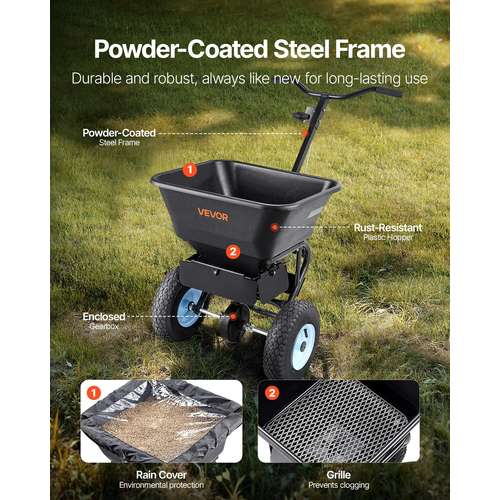 Walk-Behind Push Broadcast Spreader 100LB 0-9.8ft Spreading Width for Fertilizer | VEVOR US