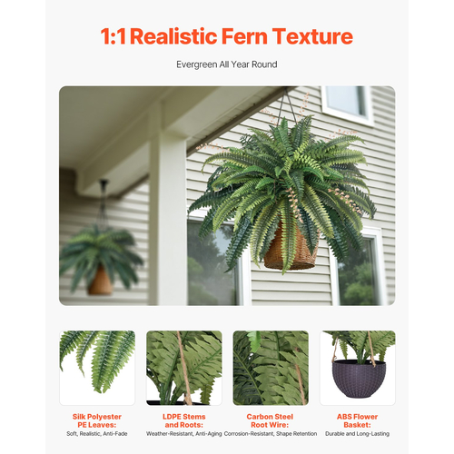 VEVOR Artificial Ferns, Natural Spread Diameter 37-41 Inch, Large Hanging Fake Boston Ferns, Sunlight Resistant Fake Plant Wall Decor with 80 Branches and Flowerpot, Faux Fern for Home Office Outdoor | VEVOR US