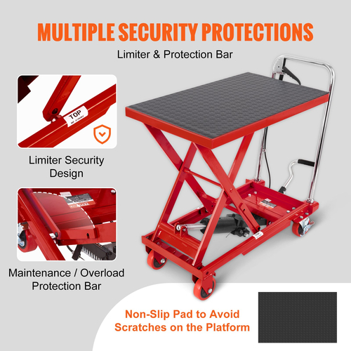 Επιτραπέζιο καρότσι VEVOR Hydraulic Lift, 500lbs Capacity Ύψος ανύψωσης 28,5" Χειροκίνητο Τραπέζι ανύψωσης μονής ψαλίδας με 4 ρόδες και αντιολισθητικό μαξιλαράκι, υδραυλικό καρότσι με ψαλίδια για χειρισμό υλικού, κόκκινο