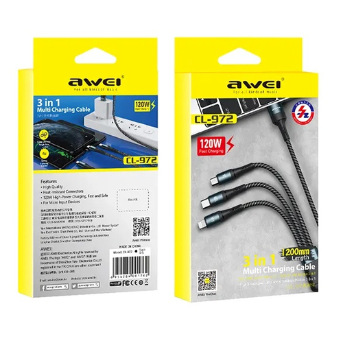Καλώδιο φόρτισης & data 3in1 - Fast Charge - CL-972 - 1.2m - AWEI - 888155 - Black