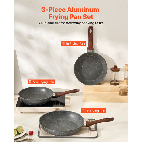 VEVOR Σετ 3 τεμαχίων τηγανιών αλουμινίου 250 280 325 mm αντικολλητικό γκρι