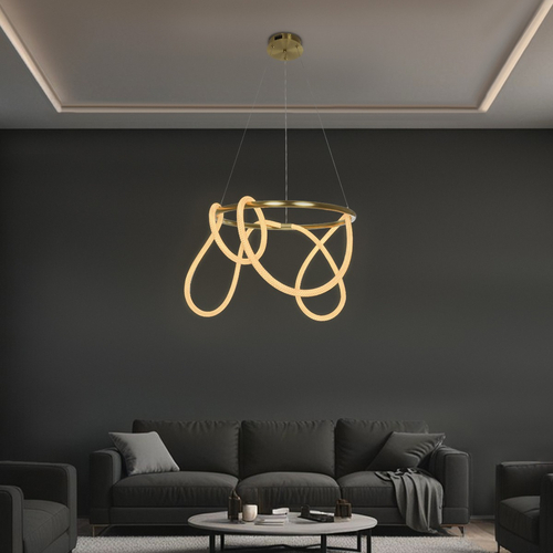 kelvo® GLOW 61659 Μοντέρνο Κρεμαστό Φωτιστικό Οροφής LED 58W 5800lm 360° AC 220-240V IP20 Ρυθμιζόμενο Λευκό CCT με Χειριστήριο από 2700K έως 6000K Dimmable - Lumileds SMD Chip - Χρυσό Πλατίνα & Λευκό Νήμα - Μ80 x Π80 x Υ60cm - 3 Χρόνια Εγγύηση