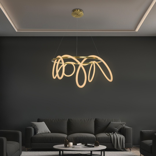 kelvo® GLOW 61660 Μοντέρνο Κρεμαστό Φωτιστικό Οροφής LED 69W 6900lm 360° AC 220-240V IP20 Ρυθμιζόμενο Λευκό CCT με Χειριστήριο από 2700K έως 6000K Dimmable - Lumileds SMD Chip - Χρυσό Πλατίνα & Λευκό Νήμα - Μ100 x Π100 x Υ70cm - 3 Χρόνια Εγγύηση