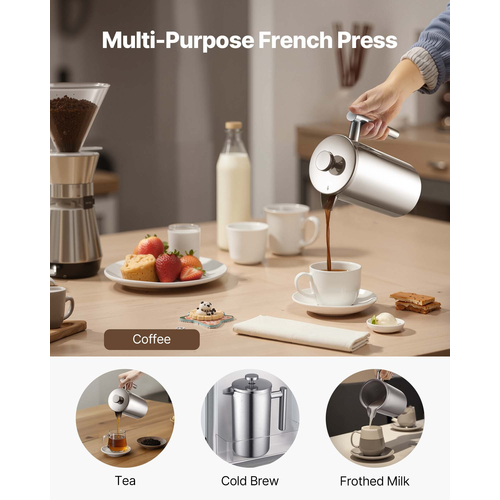 Καφετιέρα VEVOR French Press 1L από ανοξείδωτο ατσάλι, ασημί