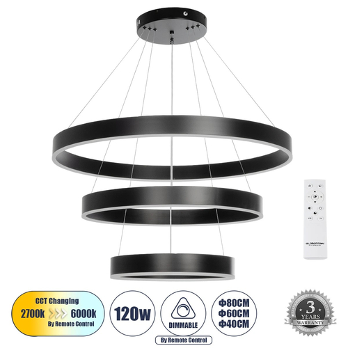 GLOBOSTAR® VENOM TRIO 61188 Μοντέρνο Κρεμαστό Φωτιστικό Οροφής LED 120W 14158lm 120° AC 220-240V IP20 Ρυθμιζόμενο Λευκό CCT με Χειριστήριο από 2700K έως 6000K Dimmable - Lumileds SMD Chip - Μαύρο Ματ - Μ80 x Π80 x Υ60cm - 3 Χρόνια Εγγύηση