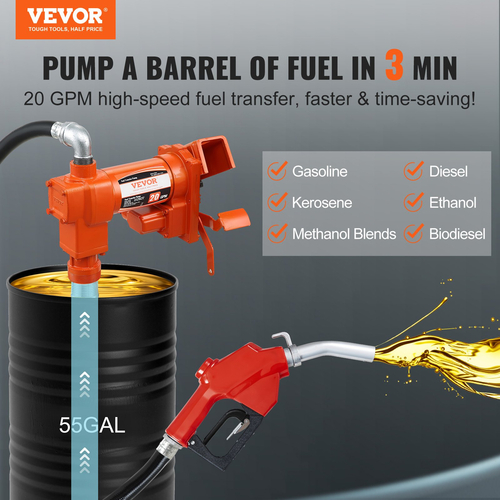 Αντλία μεταφοράς καυσίμου VEVOR, 12V DC 20 GPM 1/4 HP, Αντλία εξαγωγής βενζίνης με αυτόματο ακροφύσιο, σωλήνα εκκένωσης και σωλήνα αναρρόφησης για βενζίνη, ντίζελ, κηροζίνη, μείγματα αιθανόλης και μεθανόλης και βιοντίζελ