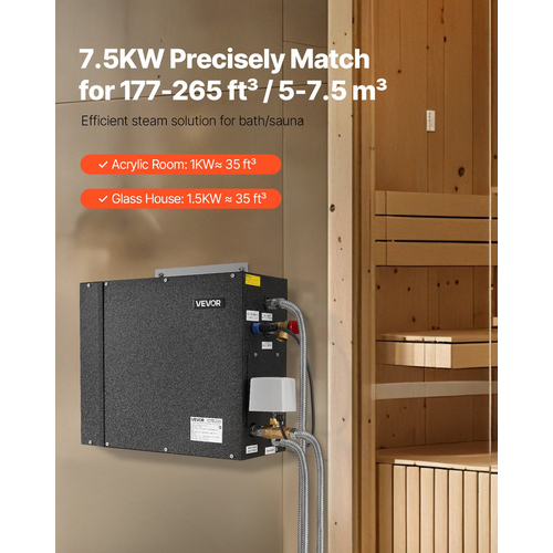Γεννήτρια ατμού VEVOR, Σύστημα ντους ατμού 7,5 kW με χειριστήριο για οικιακή σάουνα, μπανιέρα-σπα, Εμπορικό κιτ αυτόματης αποστράγγισης με προστασία από υπερθέρμανση, ξηρή λειτουργία και υπερπίεση, απόδοση 10 λεπτών έως 24 ωρών, μαύρο