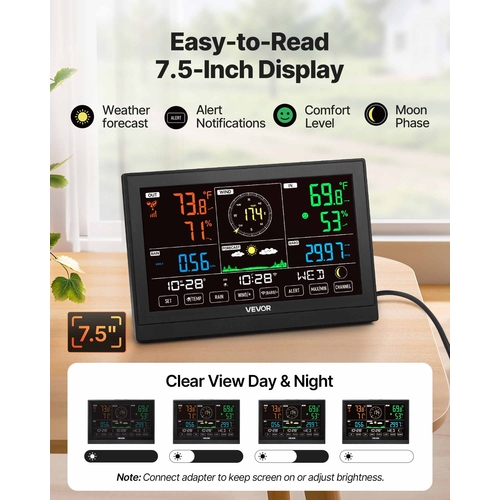 Μετεωρολογικός σταθμός VEVOR 5 σε 1 Wi-Fi, οθόνη VA 190,5 mm, ασύρματος αισθητήρας εξωτερικού χώρου με ηλιακή ενέργεια, βροχόμετρο, εσωτερικός/εξωτερικός χώρος για πρόγνωση καιρού, ταχύτητα ανέμου, κατεύθυνση, θερμοκρασία, υγρασία, βροχόπτωση