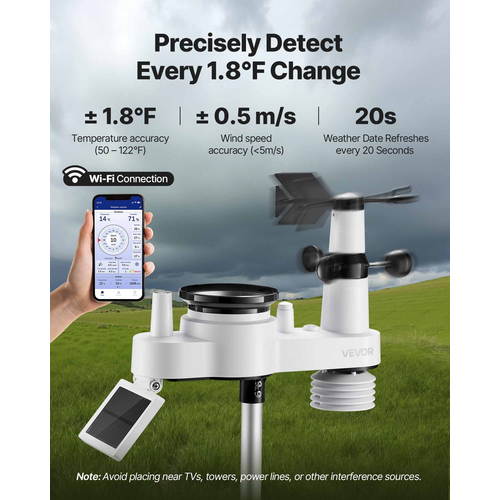 Μετεωρολογικός σταθμός VEVOR 7 σε 1 Wi-Fi, οθόνη TFT 177,8 mm, ασύρματος αισθητήρας εξωτερικού χώρου με ηλιακή ενέργεια, βροχόμετρο, εσωτερικός/εξωτερικός χώρος για πρόγνωση καιρού, ταχύτητα ανέμου, κατεύθυνση, θερμοκρασία, υγρασία, βροχόπτωση