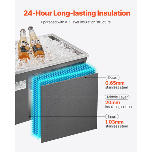 Ψυγείο πάγου VEVOR Drop-in, 20"Μ x 14"Π x 12"Υ (508 x 355 x 306 mm) από ανοξείδωτο ατσάλι, Επαγγελματικός κάδος πάγου 30L με καπάκι για εξωτερικούς χώρους, Συμπεριλαμβάνεται σετ σωλήνα αποστράγγισης, για κρύο κρασί και μπύρα