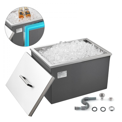 Ψυγείο πάγου VEVOR Drop-in, 20"Μ x 14"Π x 12"Υ (508 x 355 x 306 mm) από ανοξείδωτο ατσάλι, Επαγγελματικός κάδος πάγου 30L με καπάκι για εξωτερικούς χώρους, Συμπεριλαμβάνεται σετ σωλήνα αποστράγγισης, για κρύο κρασί και μπύρα