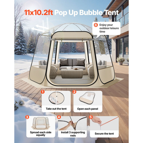 VEVOR Αναδιπλούμενη Σκηνή Bubble, 3,36 x 3,05 m Αδιάβροχη & Ανθεκτική στην UV ακτινοβολία, Διαφανής Σκηνή Camping, Εξωτερικές Σκηνές Igloo με Θόλο Κήπου και Παράθυρα, Πανοραμική Θέα 540°, για 8-10 Άτομα, Αυλή και Βεράντα